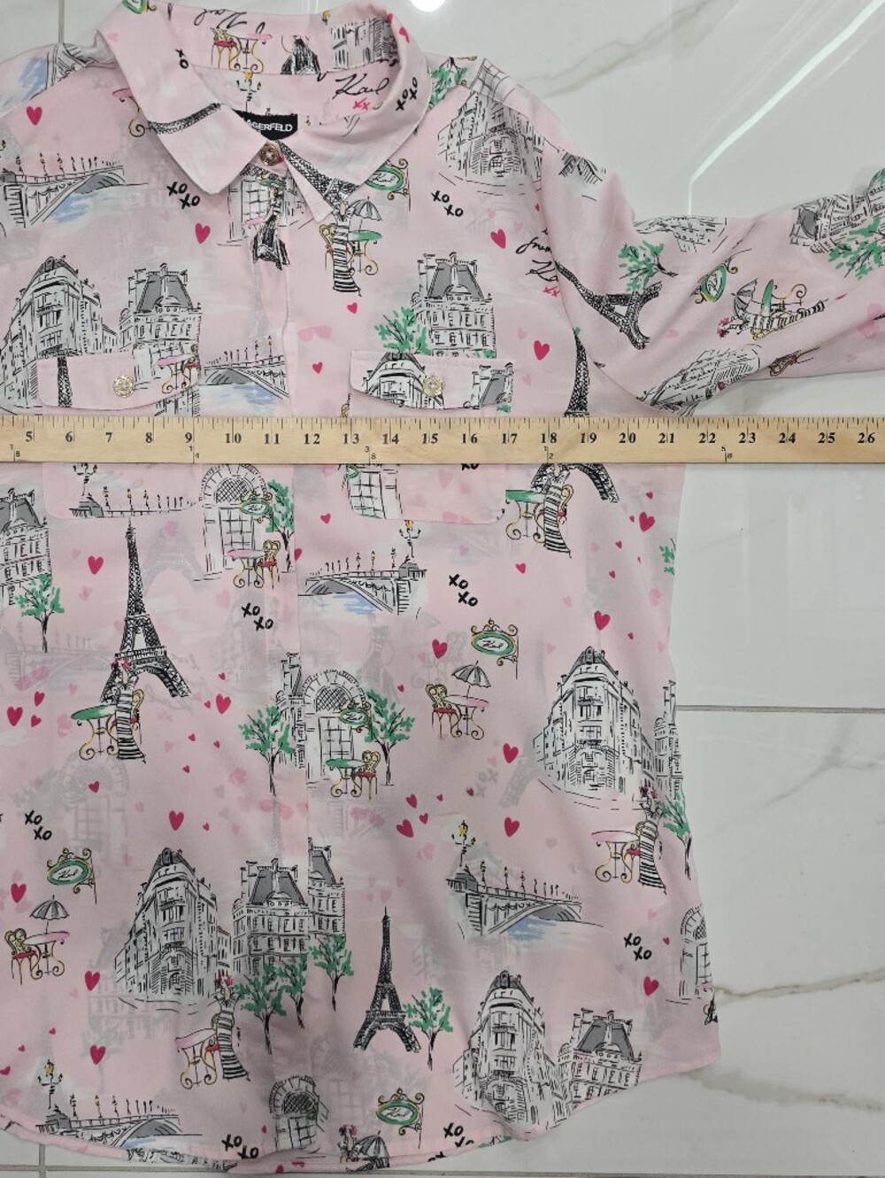 Karl Lagerfeld Paris Pink Eiffel Tower Print Button-Up Blouse Large - Picture 10 of 11